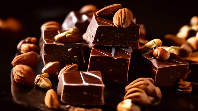 Delicious dark chocolate squares topped with nuts on a dark background creating a rich dessert experience