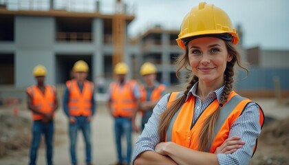 Confident young woman in a construction helmet and safety vest stands with arms crossed, with a group of construction workers in the background.