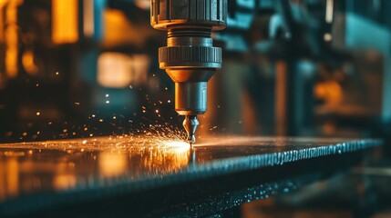 Close-Up of Industrial Drill Bit in Operation on Steel Plate