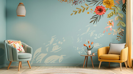 A cozy living room with a light blue wall and floral wallpaper.  The room has a yellow armchair and a blue armchair,  both with pillows.