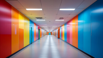 An Empty School Hallway Lined with Student Lockers, Quiet and Serene, Awaiting the Return of Students in a Brightly Lit School Building