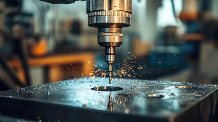 Close-Up of Industrial Drill Bit in Operation on Steel Plate