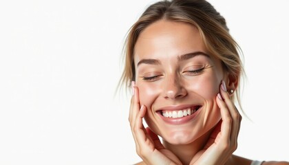 Smiling young woman with closed eyes and hands on her cheeks, appearing joyful and content in a close-up shot.
