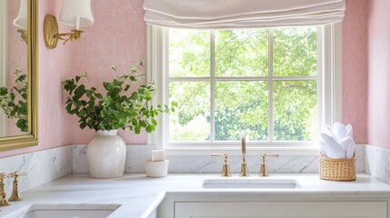 Bathroom with cream marble countertop, gold-framed mirrors, pink wallpaper, square aluminum window and white porcelain sink. Generative ai