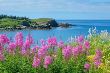 Obraz premium A picturesque coastal landscape featuring vibrant pink wildflowers in the foreground, a serene blue ocean bay, and lush green hills in the background on a sunny day.