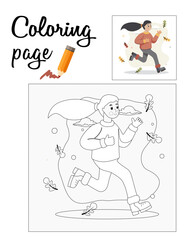 Running sporty woman runs against background of autumn landscape. Coloring page. Active healthy lifestyle. Beautiful slender girl is engaged in sports, trains etc. Autumn theme