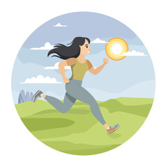 Young fit woman is running in nature. Active healthy lifestyle. Beautiful slender girl in a sportswear is engaged in fitness, sports, trains etc. Sun, blue cloudy sky, green grass, rocks. 