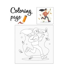 Running sporty woman runs against background of autumn landscape. Coloring page