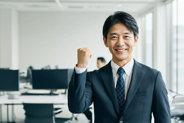 ガッツポーズで微笑むさわやかイケメンビジネスマン 40代～50代