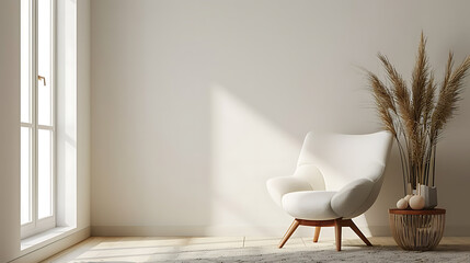 A white armchair with wooden legs sits in a bright and airy room with a window and a side table with dried flowers and decorative items.