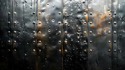 Black Metal Sheet with Rivets and Water Drops, Industrial Background