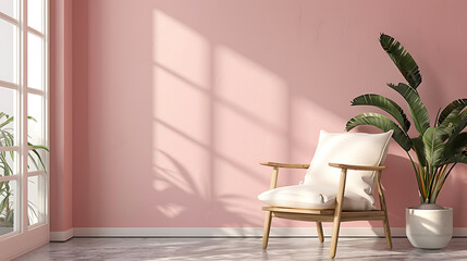 A cozy armchair with a white cushion sits in a minimalist living room with a pink wall, a potted plant, and sunlight streaming through a window.