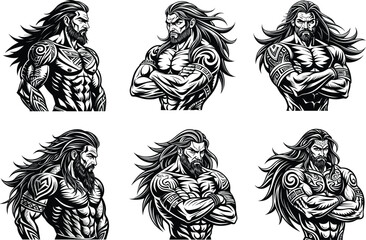 A powerful monochromatic illustration muscular man vector silhouette with white background