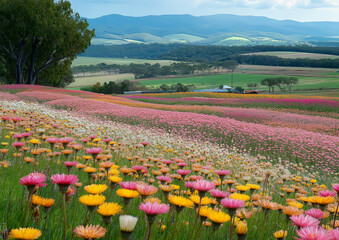 A colorful field of flowers with vibrant pink, orange, and yellow petals extending into the distance with a backdrop of rolling green hills and blue mountains under a clouded sky.