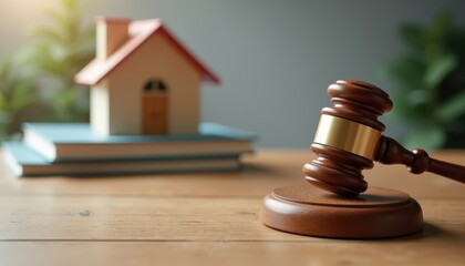 A gavel on a wooden surface with a small house model in the background, symbolizing real estate legal proceedings or property auctions.