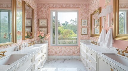 Bathroom with cream marble countertop, gold-framed mirrors, pink wallpaper, square aluminum window and white porcelain sink. Generative ai