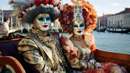 Elaborately dressed couple in intricate Venetian costumes and masks enjoying a gondola ride during the vibrant Venice Carnival.
