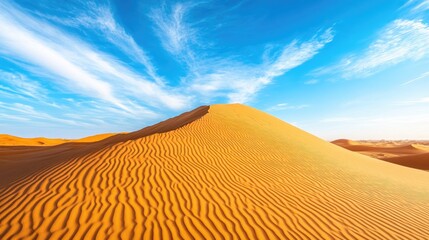 Golden sand dunes under a clear blue sky, desert landscape and natural beauty, travel destination concept with space for text