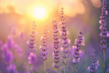 This image showcases beautiful lavender flowers bathed in the golden light of the setting sun, creating a peaceful and serene atmosphere with vibrant purple hues.