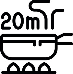 Line art icon of a cooking pot boiling water on a stove with the number twenty representing the cooking time