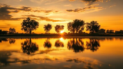 Fototapeta premium Golden sunset over a tranquil lake, silhouetted trees reflecting on the water, peaceful summer evening with warm colors in the sky