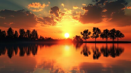 Obraz premium Golden sunset over a tranquil lake, silhouetted trees reflecting on the water, peaceful summer evening with warm colors in the sky