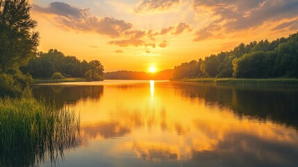 Obraz premium Golden sunset reflected on a tranquil lake, peaceful nature scene and evening tranquility, scenic view