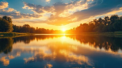 Fototapeta premium Golden sunset reflected on a tranquil lake, peaceful nature scene and evening tranquility, scenic view