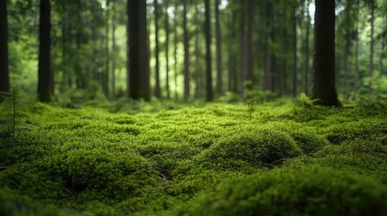 Lush green moss covering the ground in a dense forest, peaceful nature scene with rich textures and copy space