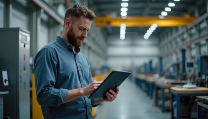 Young man with a beard using a tablet in an industrial factory setting, conveying focus and modern technology in a manufacturing environment.