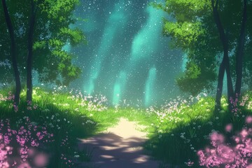 Obraz premium Enchanting forest path illuminated by magical light and vibrant flowers