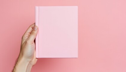 Fototapeta premium A person's hand holding a closed pink hardcover book against a matching pink background, creating a clean and minimalistic look.