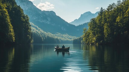 Obraz premium People enjoying a boat ride on a calm lake, surrounded by lush forest and mountains, warm summer day and serene outdoor activity, peaceful and relaxing