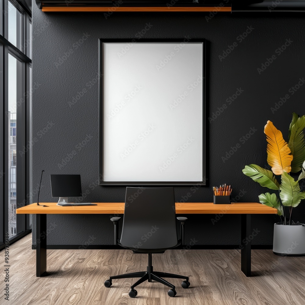Wall mural a minimalist office with one large blank picture frame centered on a white wall. the space is empty 