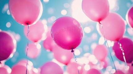 Pink balloons floating in the air at a festive celebration, joyful party atmosphere and colorful decorations, fun event