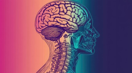Brain and spinal cord anatomy on a bold-colored background, designed for overlaying health education content.
