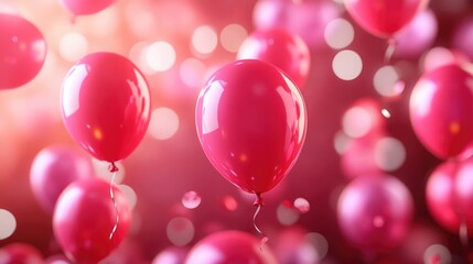 Pink balloons floating in the air at a festive celebration, joyful party atmosphere and colorful decorations, fun event
