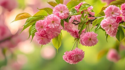 Obraz premium Pink blossoms on a cherry tree, vibrant spring flowers and lush green leaves, beautiful and colorful nature scene