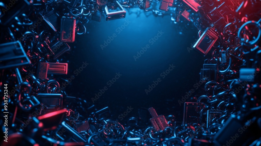 Poster cybersecurity concept with dark tones and red alerts, digital keys scattered in the landscape for te