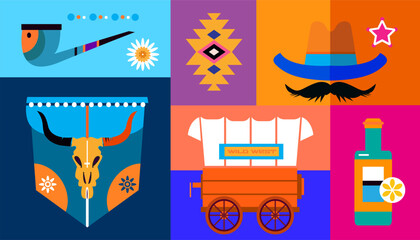 Wild west concept retro cowboy party, fest, holiday  Template card, poster art background in mosaic style Vector flat cartoon illustration