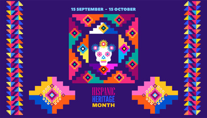 National hispanic heritage month banner with latin geometrical patterns, mexican flowers, guitar Art poster cultural traditions  Spanish event celebration Vector illustration template flat background