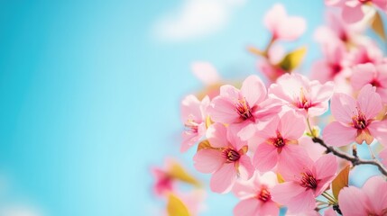 Obraz premium Pink cherry blossoms against a bright blue sky, vibrant spring flowers and cheerful nature scene, colorful outdoor beauty