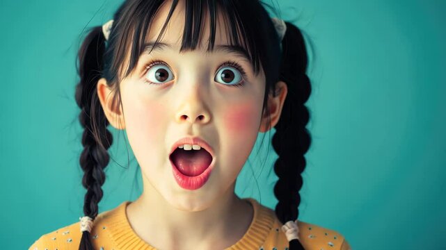 Portrait of a surprised little girl with wide eyes and pigtails, dressed in a yellow sweater against a teal background, capturing childlike wonder.
