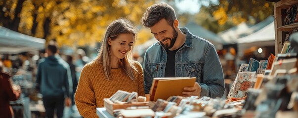 A couple browsing artisanal crafts at a local arts and crafts festival, illustrating the support for local artisans and handmade goods during community festivals