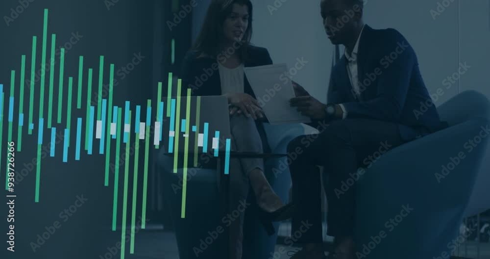 Poster analyzing documents, business professionals with bar graph animation over them