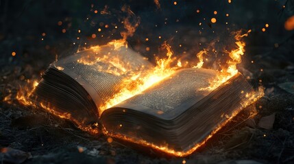 Book of Magic Burning with Elemental Fusion in an Enchanting Twilight Scen