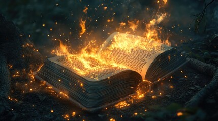 Book of Magic Burning with Elemental Fusion in an Enchanting Twilight Scen