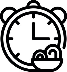 Simple black and white icon of an alarm clock ringing next to a bowl of steaming noodles, perfect for representing breakfast time