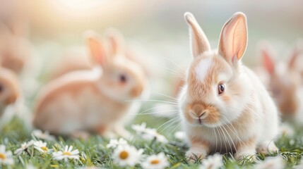 Obraz premium Playful Bunnies in a Meadow, adorable young rabbits frolic among vibrant daisies, sunlight filters softly through a serene spring scene, capturing innocent joy and natures beauty.