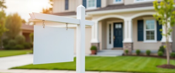 A blank white real estate signpost stands in front of a well-maintained suburban house with a manicured lawn in the early evening light.